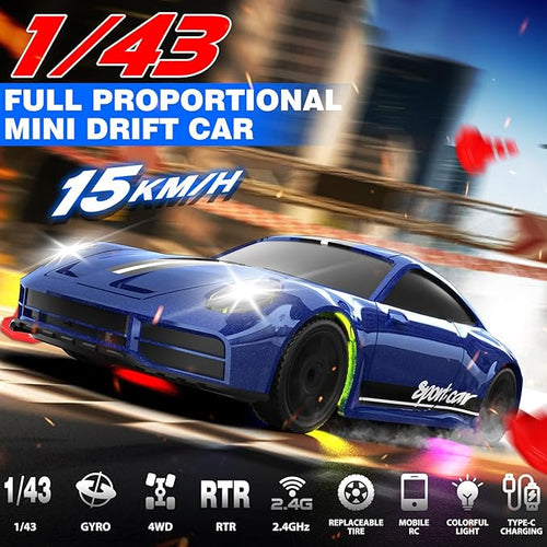 1/43 RC Drift Car Mini Drifting RC Car with Gyro 2.4GHz Full Proportional Drift Cars 4WD RTR Remote Control Cars with Colorful Lights High Speed Fast Racing Vehicle Gift for Kids Boys Adults