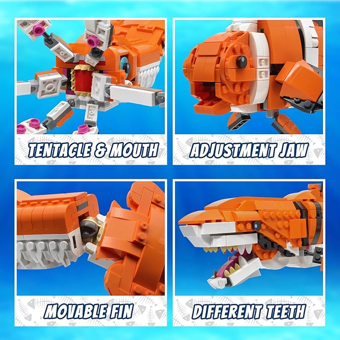 3 in 1 Ocean Creatures Building Set Compatible with Lego 630 Accessory Shark Giant Squid Clownfish Build 3 Animal in 1 Set Gift for Birthday 566Pcs