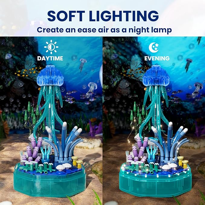 Sea Creature Collections Jellyfish Building Sets with Seaweed and Coral 10101 Sea Animal Building Kits for Adults and Kid Boys Girls 8 9 10 405 PCS Natural Style Ocean STEM Toy Music Box with Lights