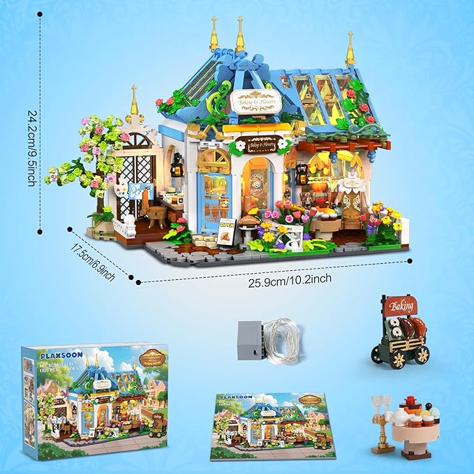 Flower Café House Building Set with LED 1520 PCS Botanical Coffee Architecture with Openable Design Floral Bakery Construction Model for Home Decor Gift for Adults Women Teens Girl Boy 12+
