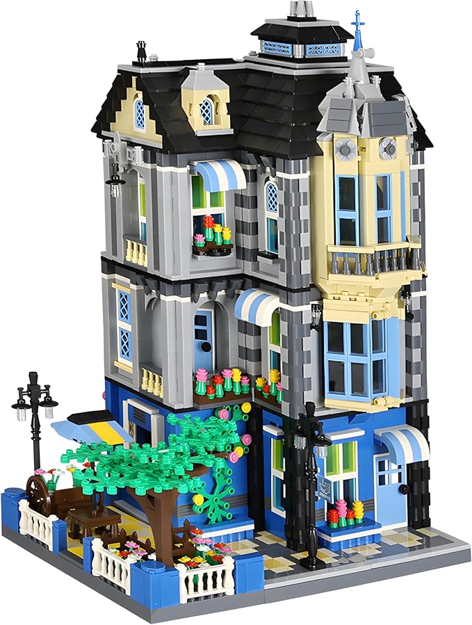 General Jim's 3-Story Victorian Townhouse &amp Garden Coffee Shop 2313-Piece Blue &amp Yellow Modular Building Blocks Set - MOC City Buildings - Great Gift for Brick Building Enthusiasts