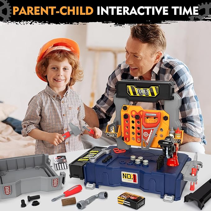 Kids Tool Bench with Electric Drill and Chair Christmas Birthday Gift for Boys Girls Age 345+ Fun Play Kids Workbench Transformable Toddler Tool Box Set Construction Tool Toys for Toddler 3-5