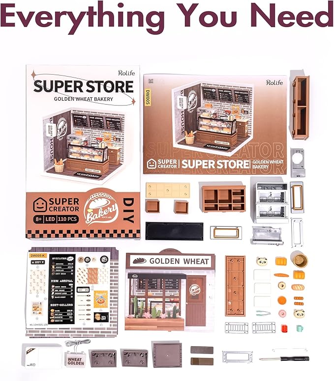 Rolife LED Building Blocks for Adults1:24 Toy Building SetsModel Building KitsDIY Miniature Dollhouse Kits for AdultsHobbies for Women Men (1.Golden Wheat Bakery)