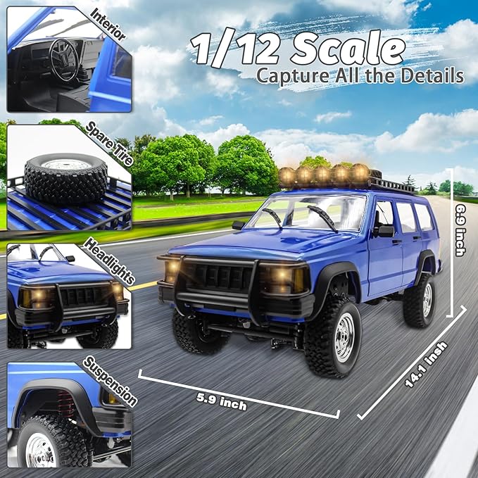 Fistone 1:12 Scale Remote Control Car RC Rock Crawler 2.4Ghz 4WD Off-Road Remote Control Truck with LED Light All Terrains Climbing Vehicle Waterproof Outdoor RC Car Kids Age 8-12 Adults Gifts