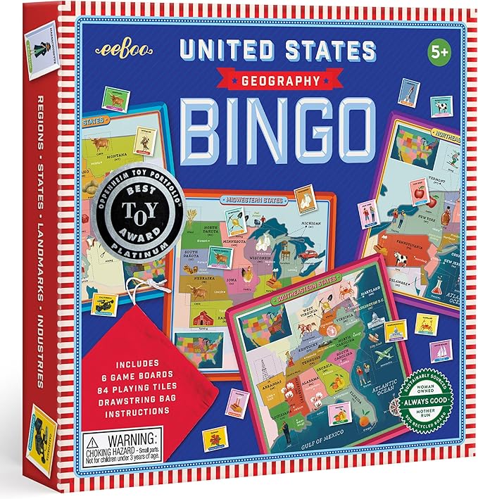 eeBoo: USA Geography Bingo for Kids for Ages 5+ A Fun Kids Learning Game That Teaches About The USA and Improves Memory