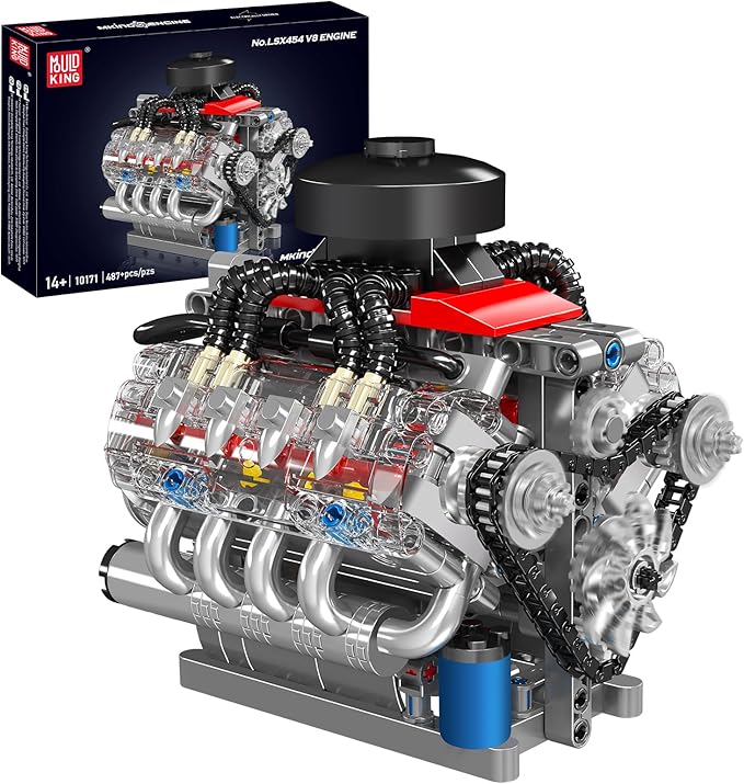 Mould King 10171 V8 Engine Building Blocks Sets V8 Engine Model kit That Run Build Your Own STEM Model Engine 8-Cylinder Car Engine Building Engineering Toys for Age 14+/Adults Collections(487+PCS)