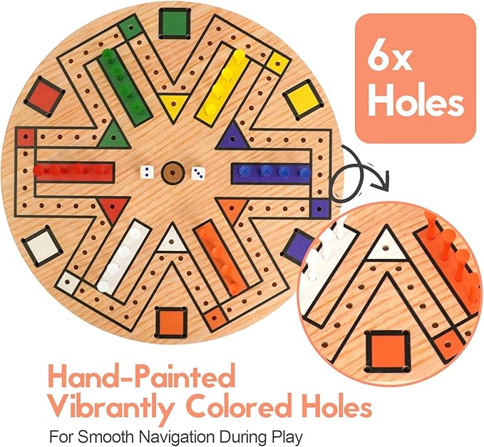 Wooden 3-6 Players Board Game Set with 48 Pieces and 4 Dice 13.7 Inch Painted Wooden Board Game for Adult Teen Family (6 Colors)