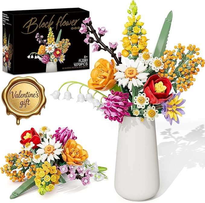 Flowers Bouquet Building Set 1070PCS Wildflower Botanical Collection Artificial Plant Flower Kit Toy for Adults Kids Women Her Home Decor Gift for Birthday Christmas Valentines(No Vase)