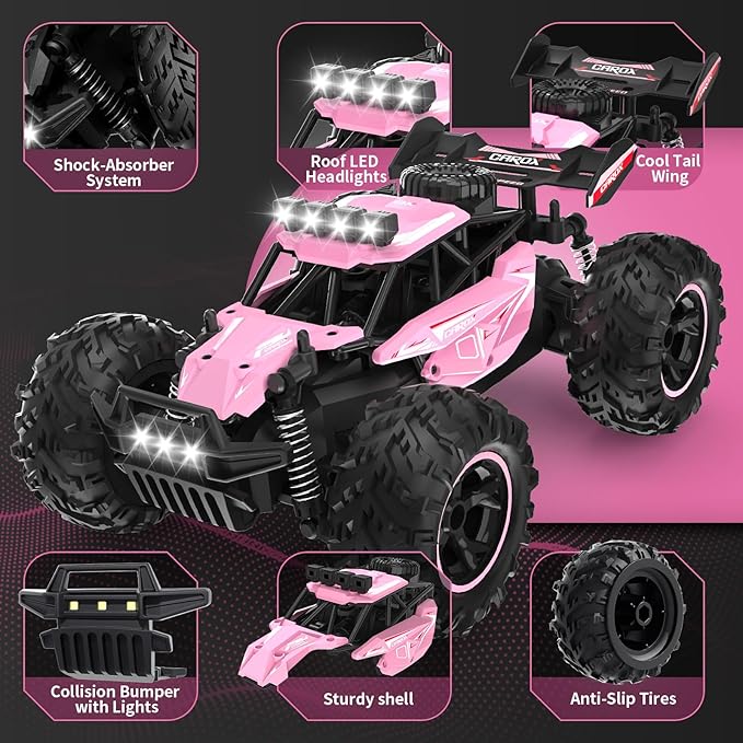 Carox Remote Control Car 2.4GHz 25KM/H High Speed RC Car 1:18 Off-Road Monster Truck with LED Lights and 1800mAh Rechargeable Battery – Ideal Gift for Boys 6+