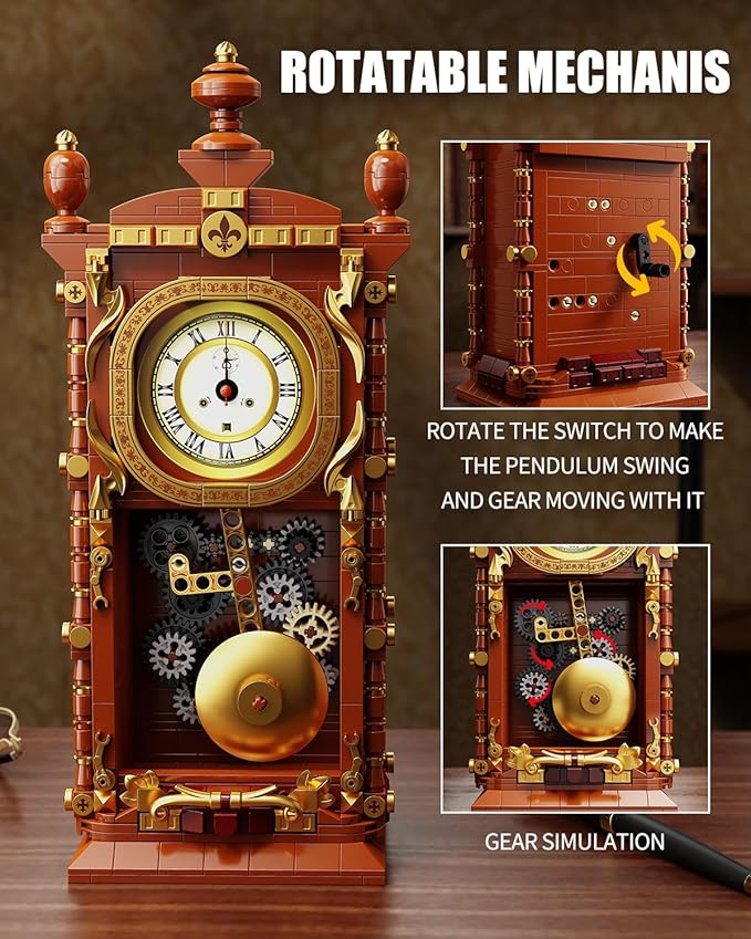 Vintage Pendulum Clock Building Block Set Stem Toy with Real Clock Function and Linkable Mechanical Pendulum Unique Home Decoration and Collectible for Adults&ampKids 6+