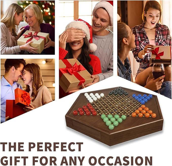 Chinese Checkers Board Game - 15” Large Wooden Checkers Game with Storage Drawer 16mm Glass Marbles (60 + 12 Extras) Classic Family Strategy Game for 2-6 Players