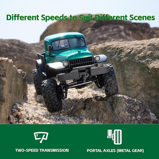 FCX24 FMS 1/24 Power Wagon Brushless RC Crawler Offroad Trucks 4X4 RC Rock Crawler with 2 Speed Switch Portal Axles and LED Lights for Adults (Green)