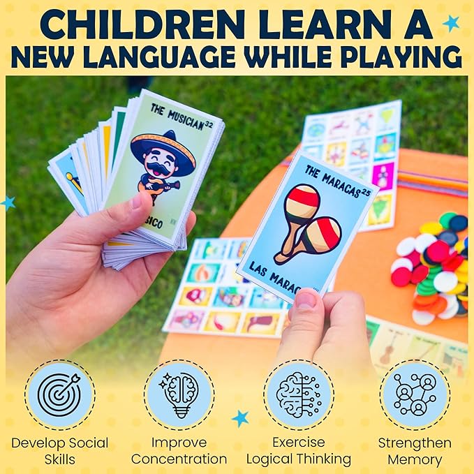ELIASM Loteria Mexican Bingo Game - Bilingual English Spanish Game for 10 Players for Kids 5+ Adults &amp Seniors Educational Learning Game for Preschool Kindergarden Classroom Family Board Games