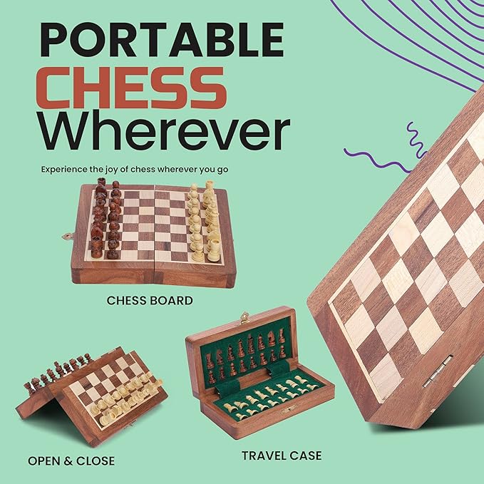 Ajuny Magnetic Travel Chess Set - Handcrafted Acacia Wood Foldable Board with Elegant Storage for All Ages