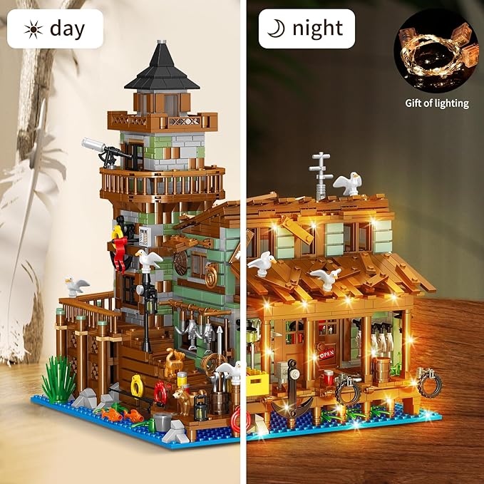 1881PCS Fishing Village Wood Cabin mini Building Blocks Toys with Led LightingCreative Ideals Fishing House Building Sets Best Choice for 6+ Boys Girls or Adults(Not Compatible with Lego)