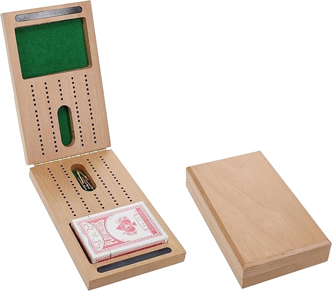 WE Games Solid Wood 2 Track Foldable Travel Cribbage Set with Storage Includes Cards &amp Metal Pegs Compact and Convenient for Travel Board Games for Adults 15 inches