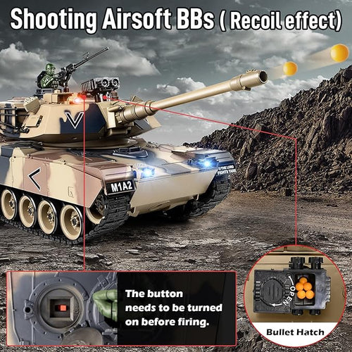 1:18 RC Tank that Shoot BBS 2.4G US M1A2 Remote Control Tank Model Truck Toys Army Toy with Smoke Lights Sound and Recoil Military RC Vehicle for Adults and Kids 6+ Years Old