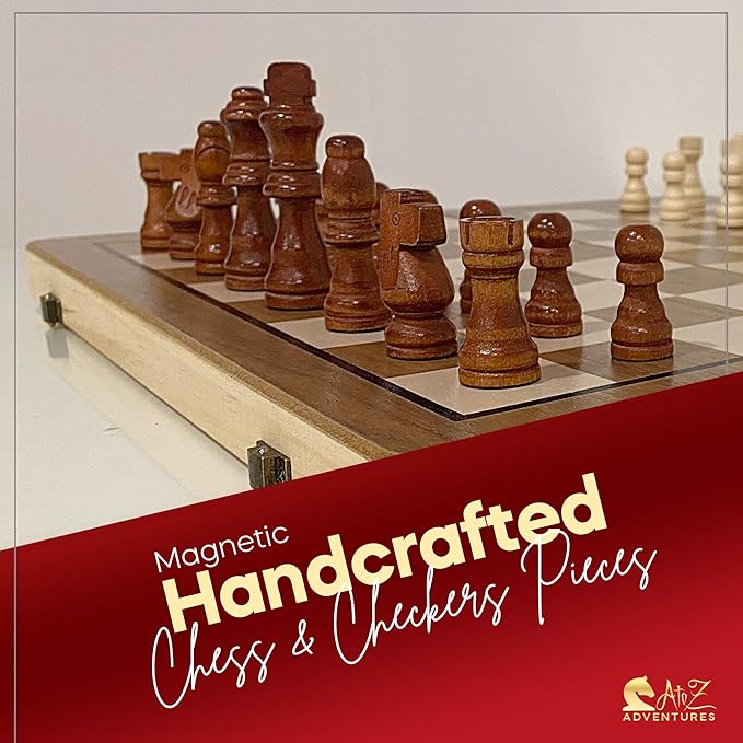Magnetic Chess Set with Checkers - 15 (2 in 1) Folding Wooden Chess Sets for Adults &amp Kids with 2 Extra Queens | Travel Chess Board Game Set with Chess Pieces Storage Slots Luxury Gift with Stor