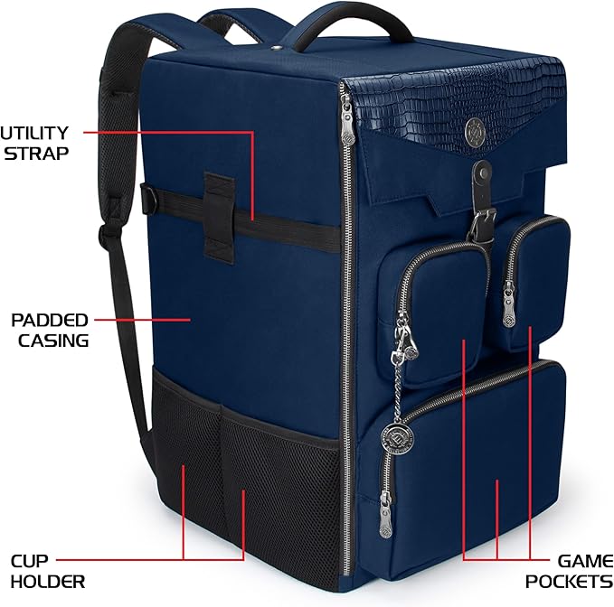ENHANCE Collector's Edition Board Game Backpack - Reinforced Rigid Board Game Storage with Padded Shoulder Straps Carrying Handle and Accessories Pockets for Dice Card Games More (Dragon Blue)