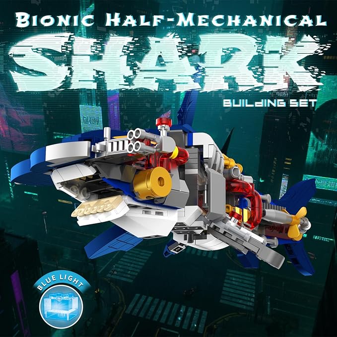 Mechanical Shark Building Set with Lights Rotatable Link Components &amp Display Stand STEM Building Set for Boys 8-14 Home Office Decor for Adults Mechanical Enthusiasts（631PCS）