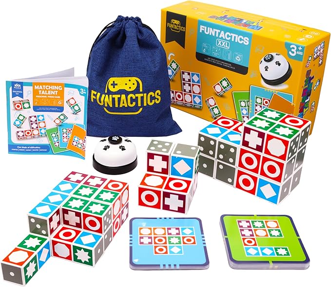 XXL Funtactics Wooden Matching Game Puzzle 3.0 Games Pattern Block Match Puzzles Building Cubes with Bell for Kids and Adults Toys Board Games for Family Holidays Night 5 Players