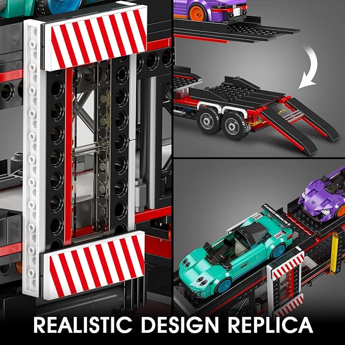 Mould King 24078 Semi Truck Building Toy Set 997 PCS Sports Car Transporter Vehicle Model &amp 2 Race Cars for Aldult/Teens/Enthusiasts Construction Toy Gift for Easter or Birthday