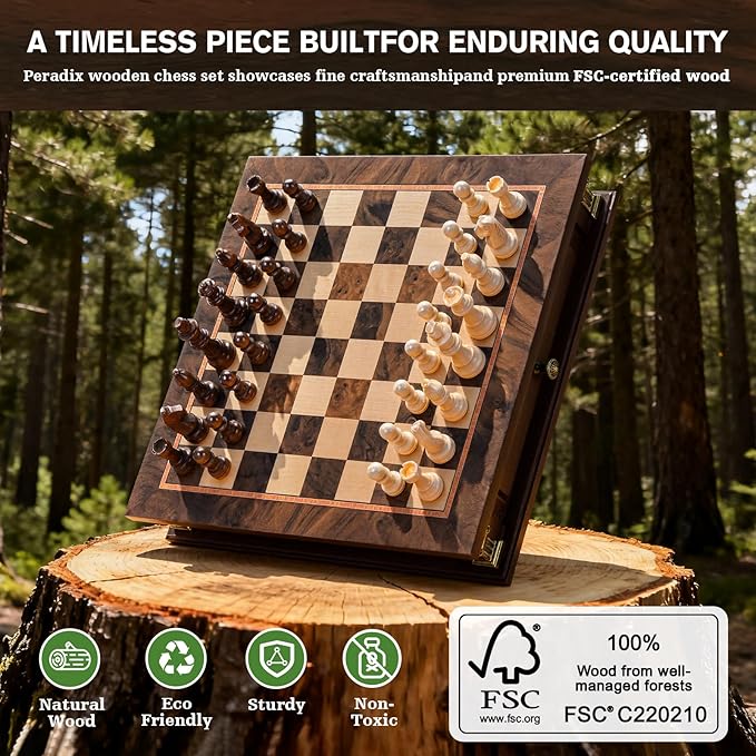 Peradix Magnetic Chess Set with 2 Built-in Storage Drawers 12 inch Wooden Strategy Board Games 2 Extra Queens Travel Magnet Chess Game for Adults Kids and Family Game Night Gift Package
