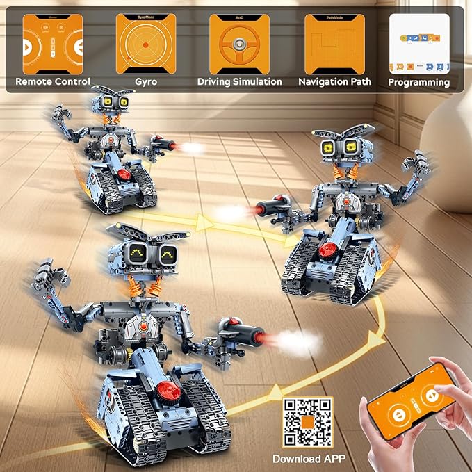 Changeable LED Eyes Robot Building Set- 5 in 1 Remote &amp App-Controlled Robotic Building Block RC Elephant/Bulldozer/Tank/Tracked Model Kit Toys Gift for Kids Boys Girls Teens Age 12+ Years Old