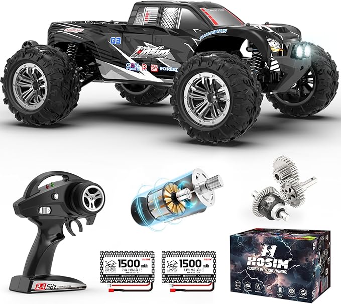 Hosim RC Truck 1:10 Scale 48+ KMH Remote Control Car for Adults 4X4 All Terrains Off-Road RC Car Waterproof Electric RC Cars for Boys Age 8-12 Toy Gift 40+ Min Play with 2 Batteries Monster Trucks