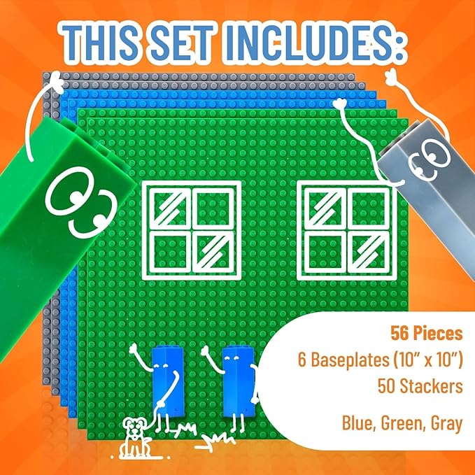 Strictly Briks Baseplate Set - Compatible with Lego 10 x 10 in 6 Baseplates with 50 Stackers Stackable Baseplates Building Toy Blocks Custom Display Towers Kids Easter Gift Blue Green Grey