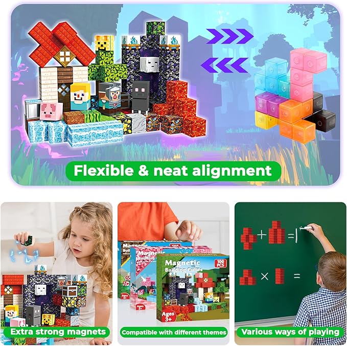 100 PCS Magnetic Blocks - Magnetic Building Blocks Stacking Magnets for Kids Sensory Toy for STEM Montessori Sensory Toys for Kids 3+ Boys and Girls Christmas Birthday Gifts