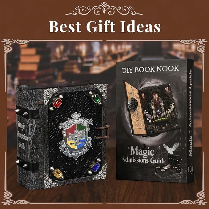 Book Nook Kit with LED Light Miniature House Kit for Birthday 3D Wooden Bookends Puzzle Bookshelf Decor for Adults Teens Beginners (Magic Admissions Guide)
