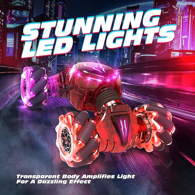 Tecnock Remote Control Car for Boys Girls 2.4GHz 4WD Gesture Sensing RC Stunt Car Toys - 360° Rotating Double Sided Hand Controlled RC Cars with LED Lights Gifts for Kids Ages 6-8 8-12