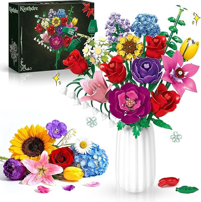Flower Bouquet Set for Adults Botanical Collection Building Block Toy with Roses Sunflower for Teen Girls Artificial Plant Home Office Decor Gifts for Valentines Birthdays Mother's Day