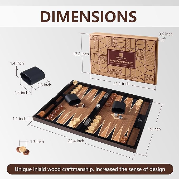 Wooden Backgammon Set for Adults – 19 Inch Classic Board Game Case - Premium Folding Backgammon Set with Wooded Playing Pieces Dices - Large Wood Inlaid Travel Backgammon Game Set for 2 Players