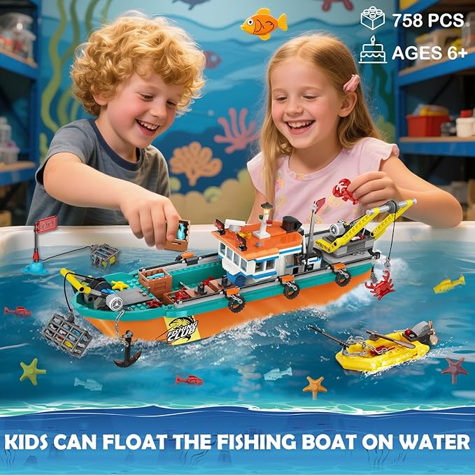 City Fishing Boat Wharf Building Set - Floatable Sea Fishing Ship Building Block Kit with Speedboat Crane Containers Exploration Boats Toy Birthday Gift for Kids Boys Girls 6 7 8 9 10+ 762PCS