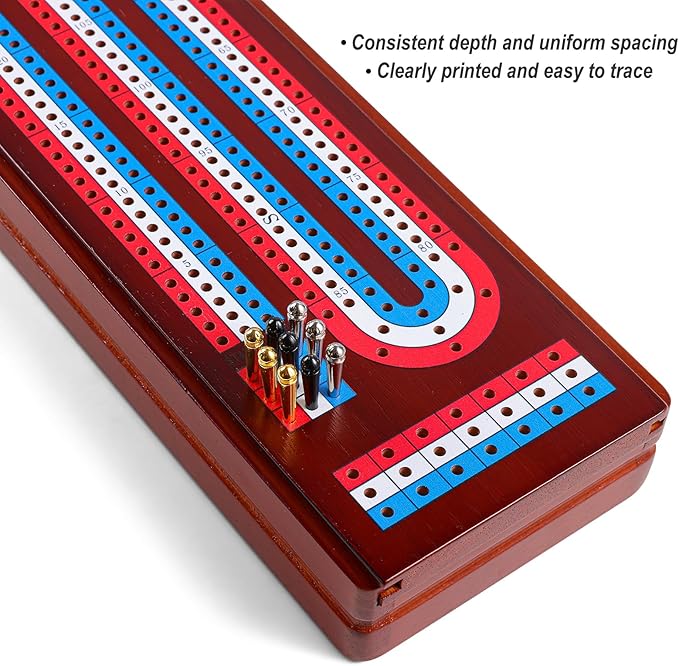 Cribbage Board Game Set with Large Storage Area Solid Wood 3 Track Cribbage Board 9 Metal Pegs 2 Playing Cards and Instruction. Travel Cribbage Sets for All Ages(Vintage Color).