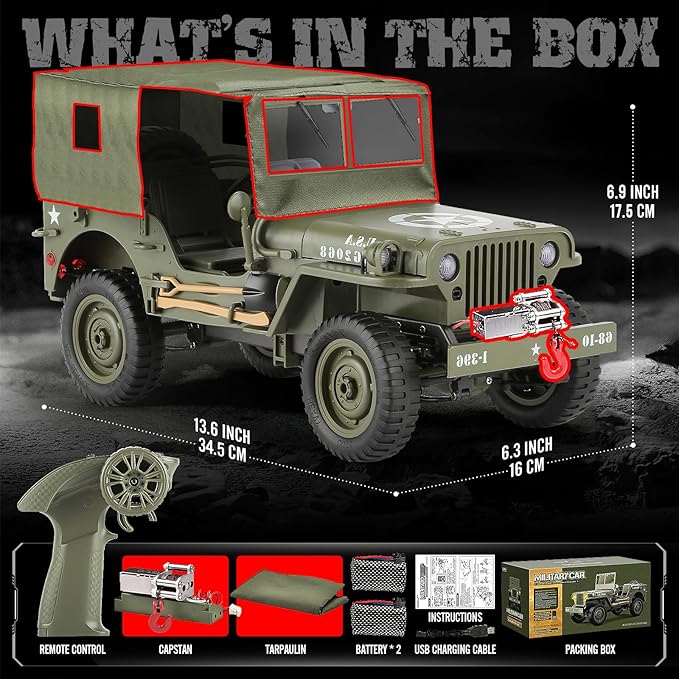 1/10 Scale RC Military SUV Remote Control 4WD Off-Road Vehicle with Alloy Frame Chassis with Winch and Capstan Army Vehicle with Opening Hood and Folding Windshield 2 Batteries