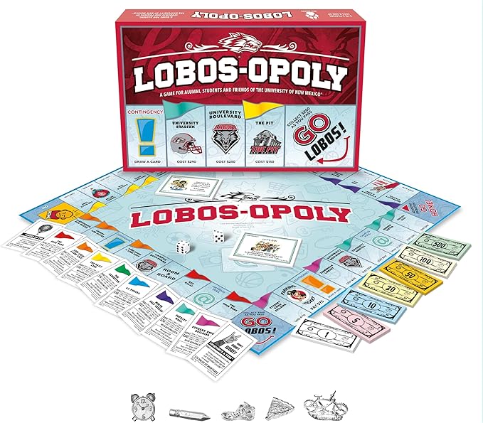 Late for The Sky Lobos-Opoly Board Game - University of New Mexico UNM Lobos Family Board Game Campus Properties Ages 8+ 2-6 Players Traditional or 1-Hour Play
