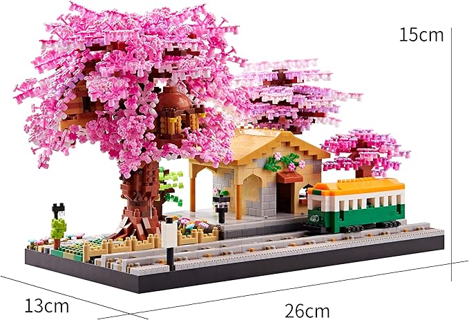 Japanese Cherry Blossom Train Station Micro Building Blocks Set - Creative Mini Bricks Model Kit for Adults (3668 PCS) with Figures
