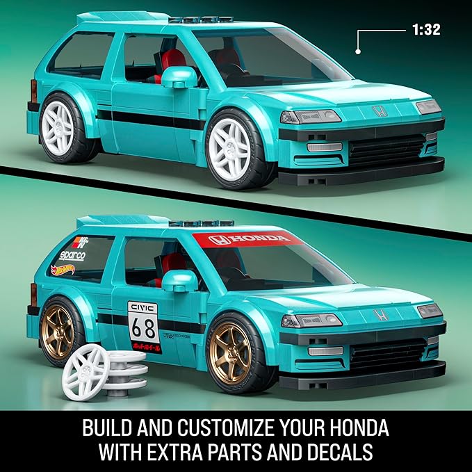 Mattel Brick Shop Hot Wheels 1990 Honda Civic EF Speed Series Custom Building Set with 248 Pieces Realistic Details and Customization Stickers JHF62
