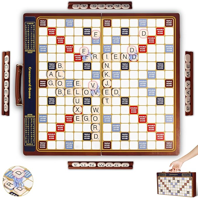 Crossword Game with Magnetic Letter Tiles Foldable Board into Portable Carry Case Luxury Edition Word Building Game with Rotating Wooden Board Educational Family Board Game for 2-4 Players