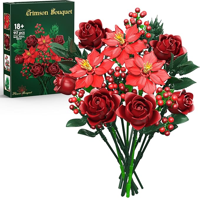 JOJO&ampPeach Flowers Rose Bouquet Building Set for Adults Mom Wife Artificial Poinsettia Botanical Collection for Home Office Display Festive Birthday Gift Toy for Women Girl and Teen 18+ (917PCS
