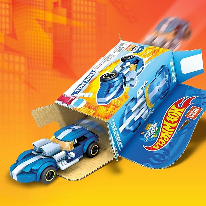 MEGA Construx Hot Wheels Race Car Building Toys Set Twin Mill with 111 Pieces 1 Micro Action Figure Driver Blue Kids Ages 5+ Years