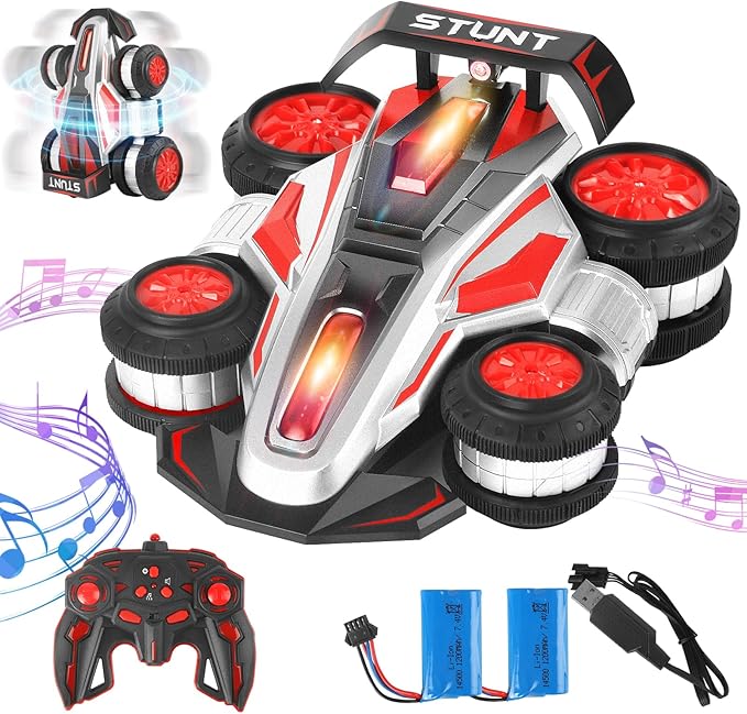 RC Cars 2.4 GHz Fast Stunt RC Car 4WD 360° Rotating RC Trucks with lights and music High Speed Off Road Stunt Truck upright walking cars Remote Control Car Toy for 6-12 Boys and Girls(RED)