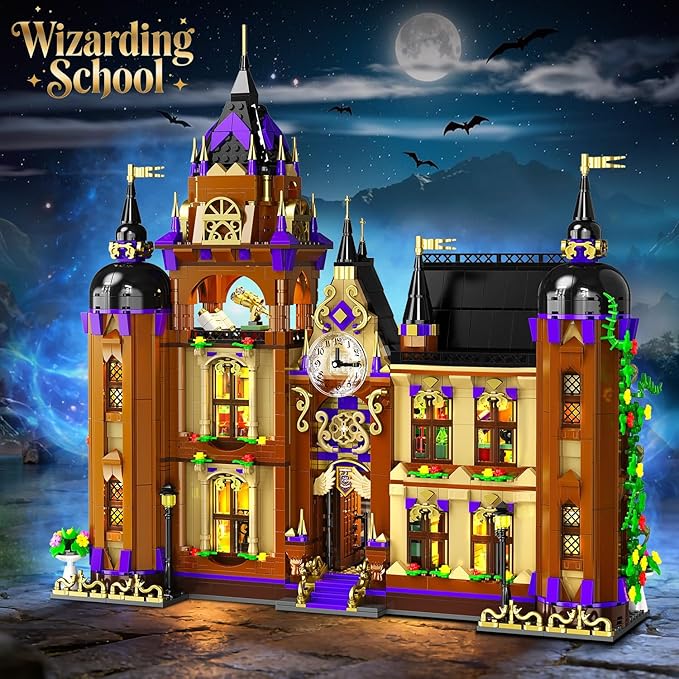 Magic School Building Set with Light Easter 3 Style Modes Big Castle House Construction Model with Potion Shop 1960 PCS Clock Tower Home Decor Building Blocks Gift for Adults Boys Girls 12+