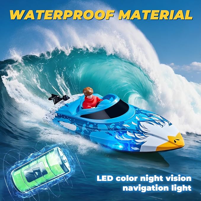 25KMH RC Remote Control Boat with LED Lights Self-Righting Low Battery Alert 2.4GHz with 800 mAh Lithium battery Waterproof Electric Fast Speed Boat for Pool &amp Lake Toy for Boys Girls Blue