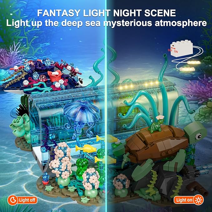 Aquarium Building Blocks Set Compatible with Lego Fish Tank Creative Foldable 2 Styles Ocean Fish Animals Building Blocks Toys Gift for Adults Boys Girls 8-12+ Including Marine Turtle Jellyfish