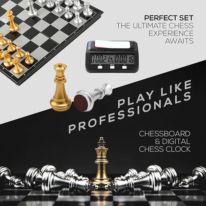 Magnetic Chess Game &amp Digital Clock Timer Set - Professional and Portable 14 x 14 Travel Chess Board Games
