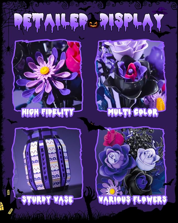 Purple Flowers Building Set with Vase for Adults Gothic Black Roses Floral Bouquet Compatible with Lego Botanical Collection Cool Home Office Decor Valentine Gift for Her Women Girls 14+
